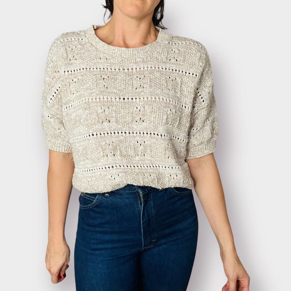 90s Pandora‎ Short Sleeve Tan & Cream Sweater